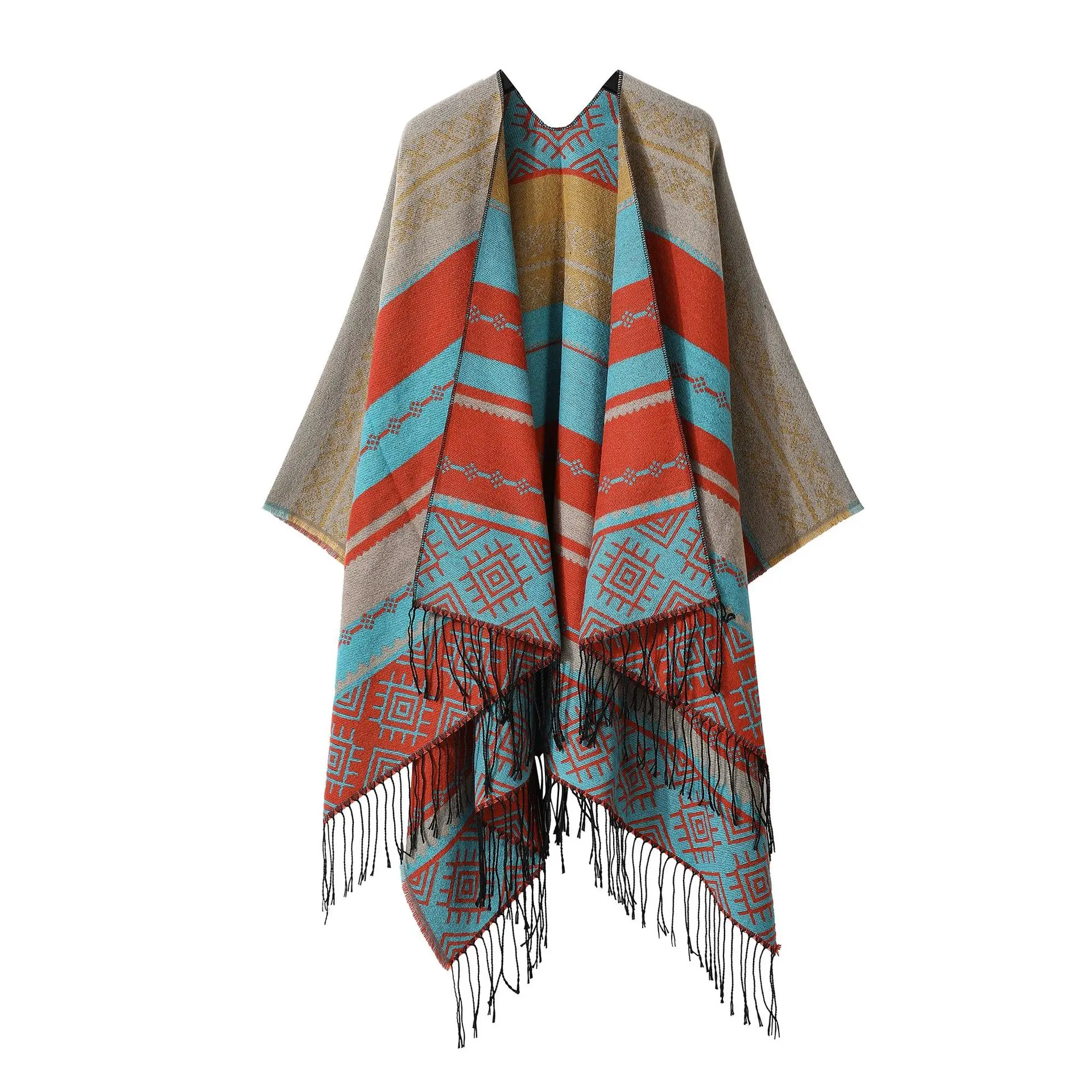 Poncho New Split Warm Shawl Vintage Ethnic Style Scarf Imitation Cashmere Tassel Women Cape Lady Cloak Warm Coat Khaki