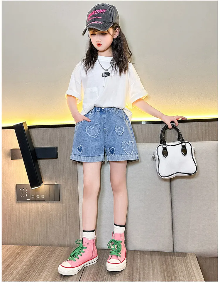 Mädchen-Shorts mit Herzmuster, hohe Taille, Sommer-Sonderangebote, Teenager-Kinder-Mode-Jeans, kurze Hosen für Kinder, Kleidung für 5-14 Jahre – Detail 6