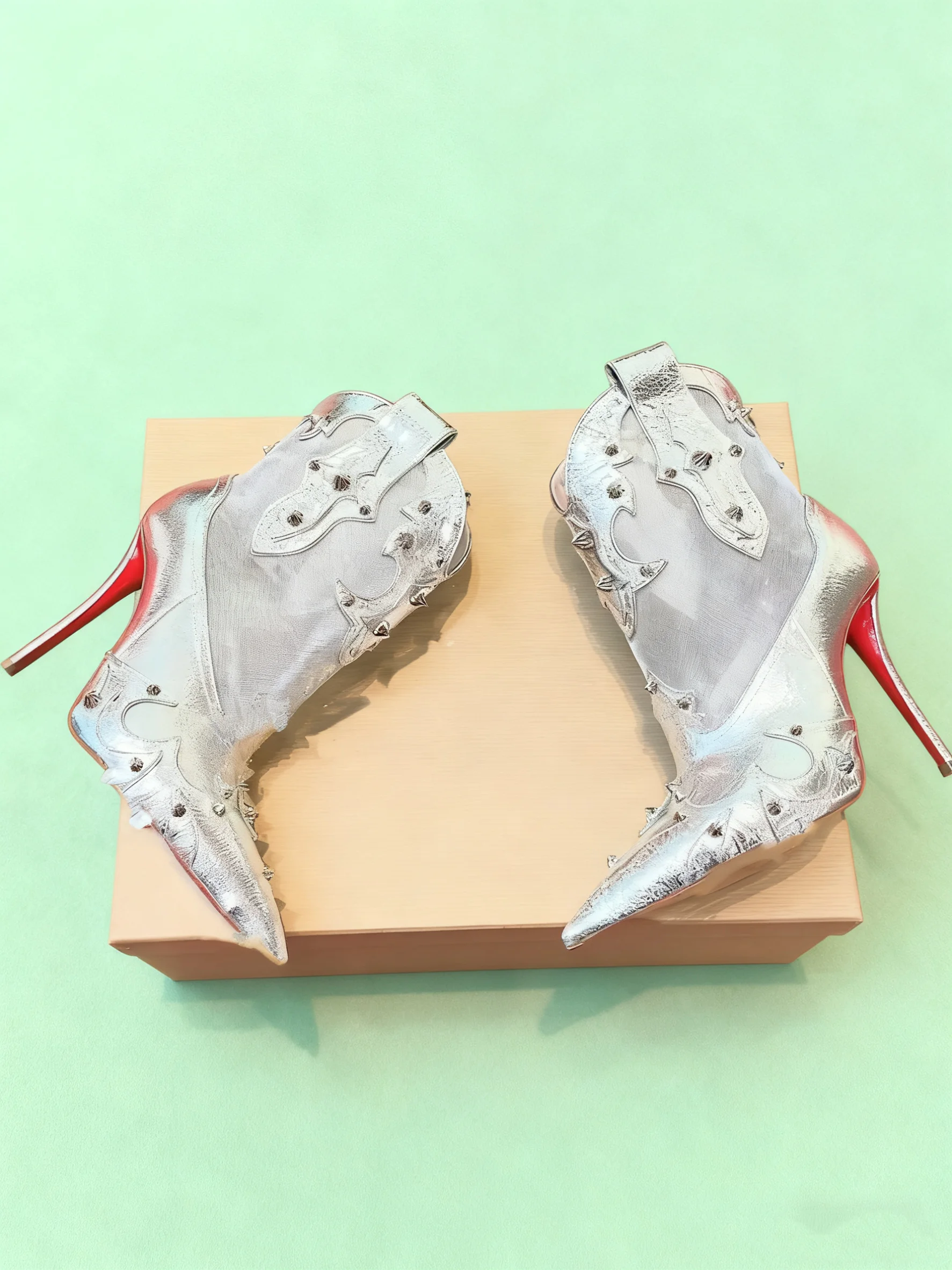Embroidered Pointed Toe Mid-Calf Mesh Rivets Women Boots Stiletto High Heels Slip On Design Large Size Fashion Lady Shoes view 4