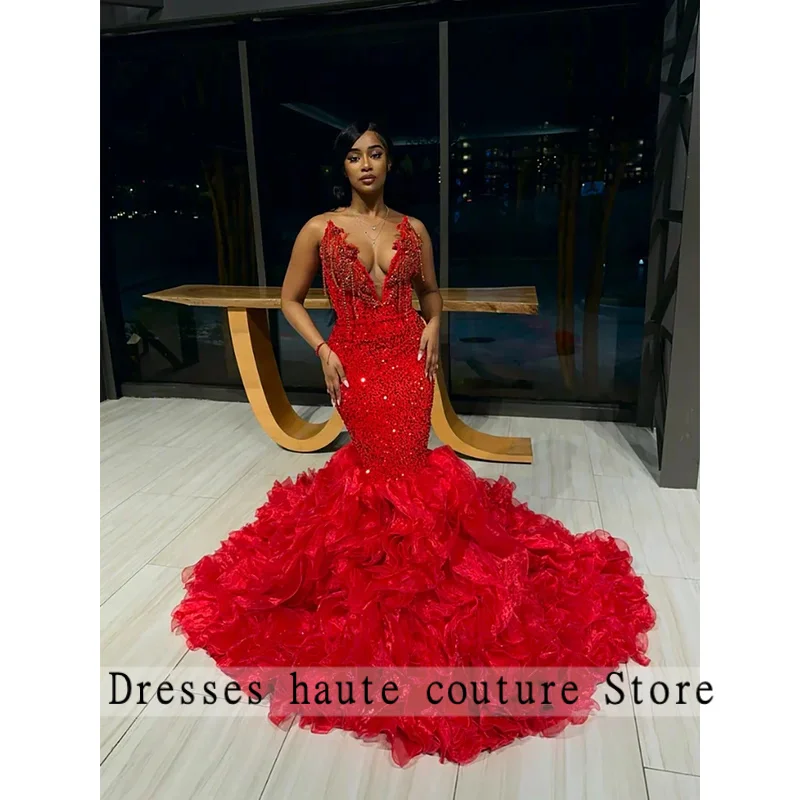 Robes de bal sirène longues rouges de luxe pour filles noires, Sexy, glands en cristal, robes de soirée d'anniversaire personnalisées, 2025