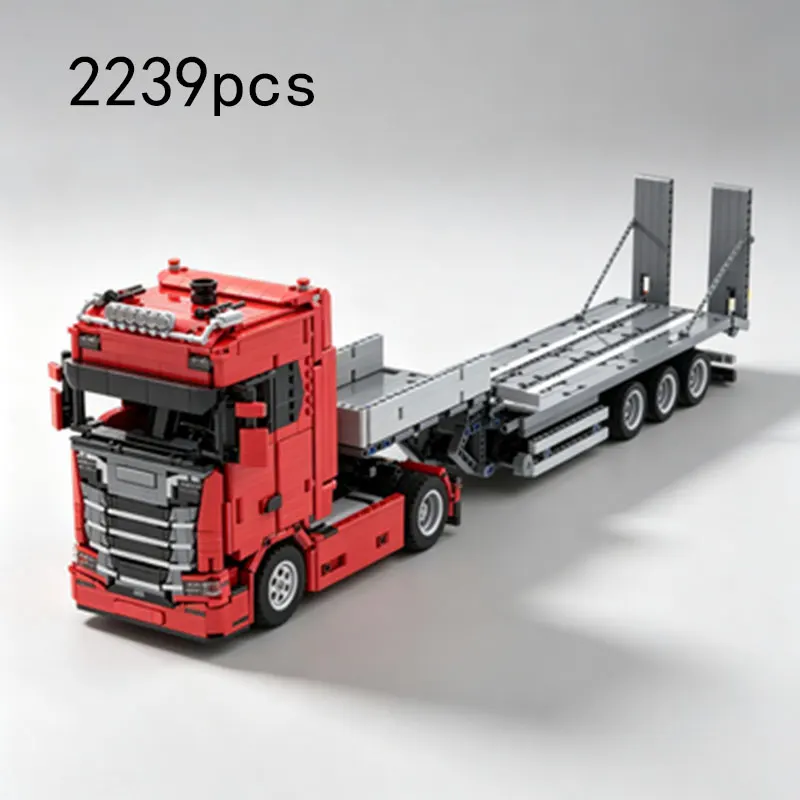 MOC 2239PCS Red Heavy-Duty Trailer Transport Truck Small Particle Assembly Building Block Cargo Truck Collectible Model Toy