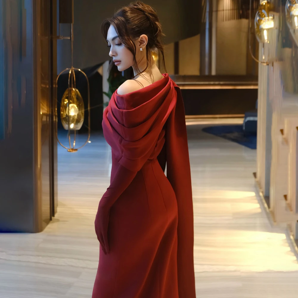 تخصيص بسيط الأحمر جيرسي مساء اللباس الأنيق مغرفة قبالة الكتف فساتين المشاهير لينة مستقيم الاجتياح قطار حزب اللباس #1