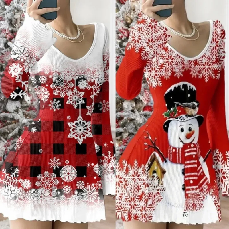 

Snowflake Print Dresses Christmas Women Autumn Christmas V-Neck Flare Sleeve Stretch Eur Holiday Xmas Outfit A-Line Dresses New