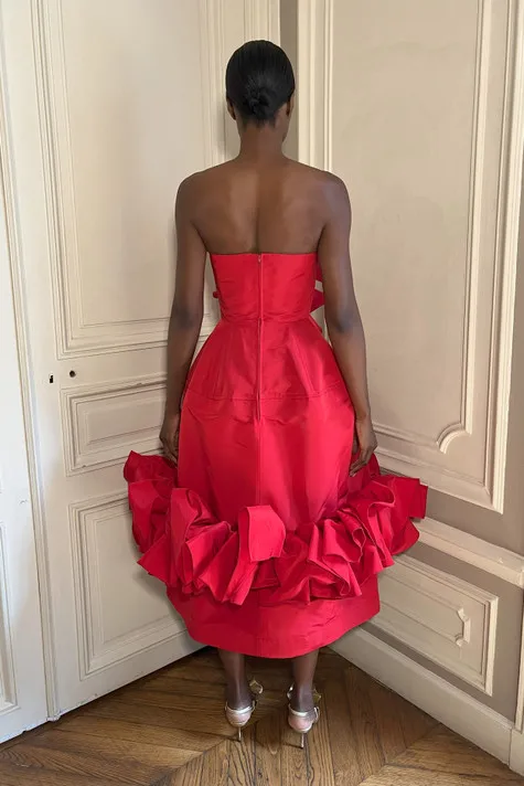 New Couture Red Women Dresses To Party Ruffles Trimmed Decoration A-line Mid Calf Female Maxi Dress Wedding Guest Dress