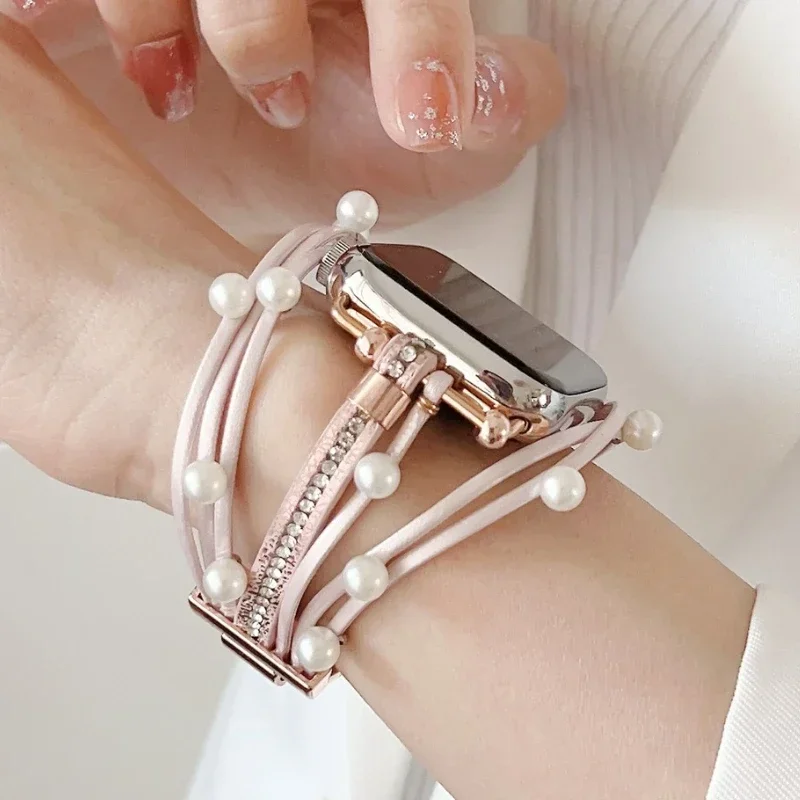 Women Leather Bracelet For Apple Watch Band Ultra 2 1 49mm 45mm Jewelry Strap For Iwatch Series 9 7 8 6 SE 5 4 3 40mm 41mm 44mm