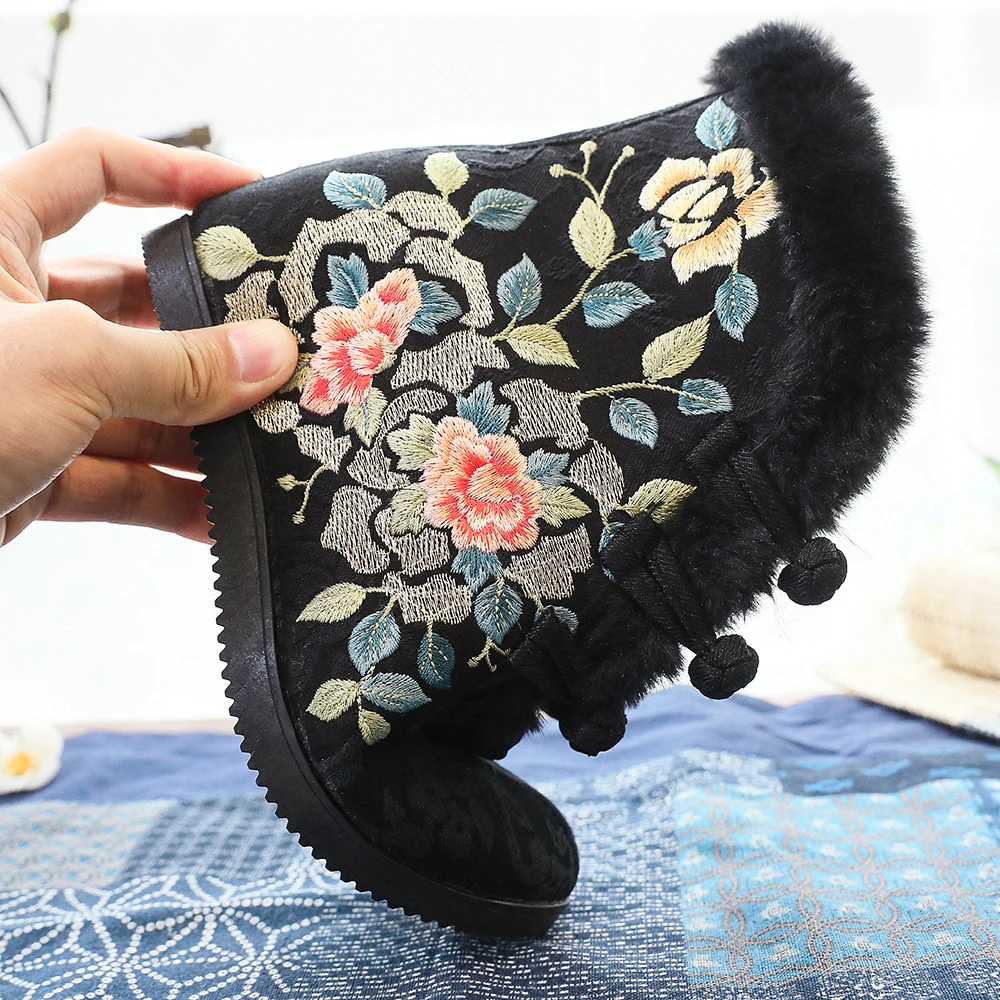 Veowalk 6cm Inside Wedge High Heel Winter Women Cotton Warm Lining Booties Chinese Embroidered Shoes Short Ankle Boots Black