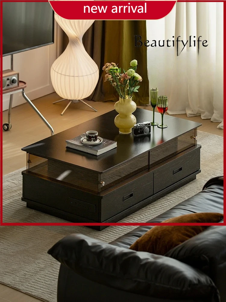 

BJ Black Rectangular Small Apartment Modern Simple Nordic Living Room Rock Slab Coffee Table Solid Wood Storage Atmosphere