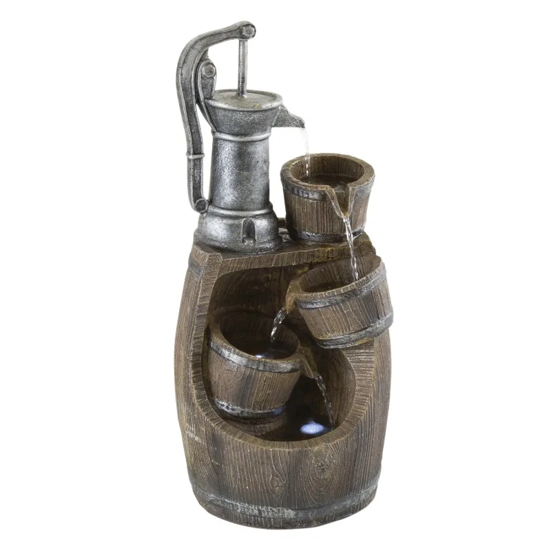 

Garden Rustic Barrel Outdoor Water Fountain with Pump and LED Lights