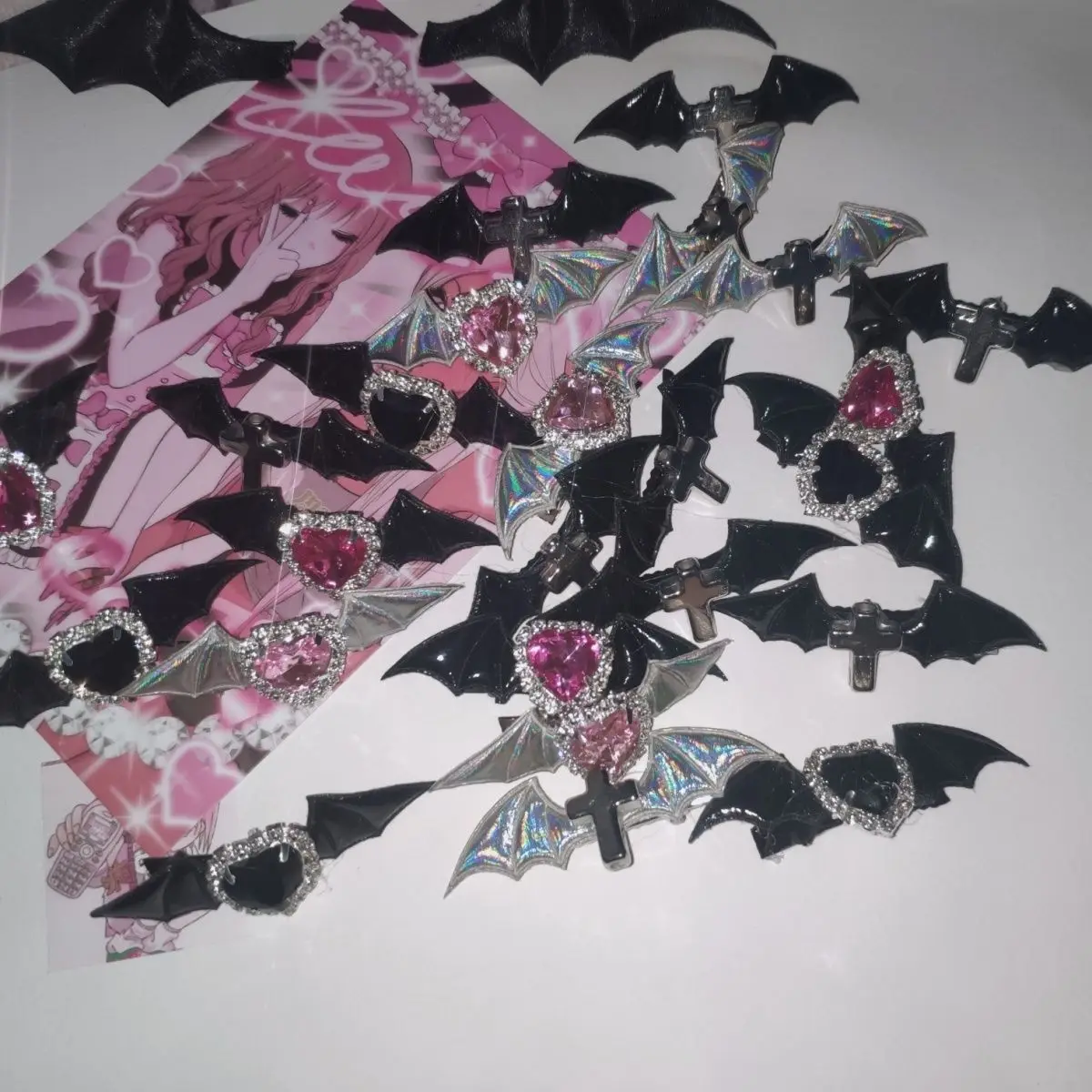 Laser Leather Bat Demon Angel Wings Crystal Heart Cross Hair Clip Dark Fun Y2k Harajuku Trendy Gothic Fashion Hair Accessories