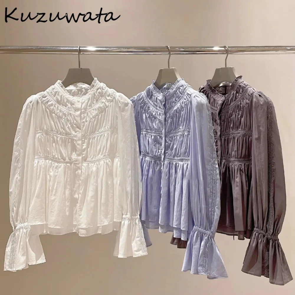 Kuzuwata Sweet Flare Sleeve Ruffled Euched Shirt Patchwork Elegant Cotton All-match Blouses Japan New Moda Hollow Out Blusas