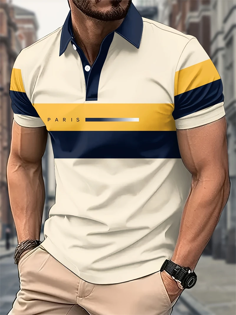 

Retro Striped Paris Letters Graphic Polo Shirts For Men Fashion Trendy Short Sleeve 3D Printed Polo Shirt Loose Streetwear Tops