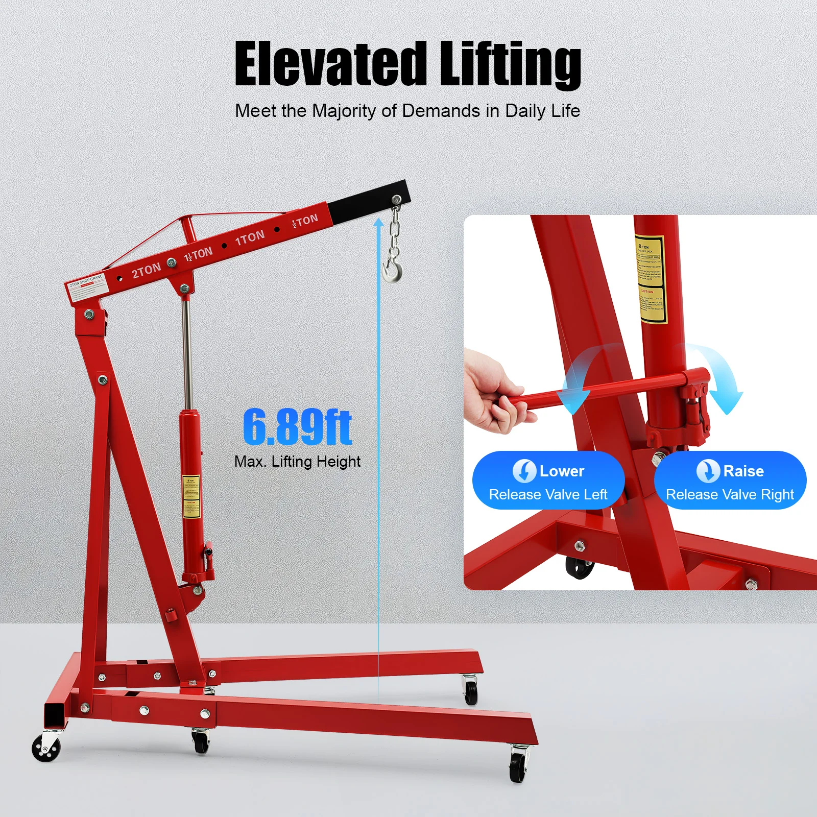 2 Ton Folding Hydraulic Engine Hoist, 4 Adjustable Gears 0.5T/1T/1.5T/2T 6.89ft Lifting Height Heavy Duty Shop Crane With 6 Wheels For Garage Workshop Car Auto Repair - view 6