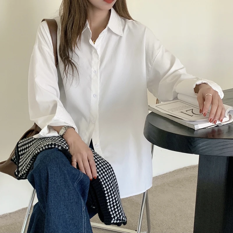 

Shirt Women Spring Solid Color Long Sleeve Turn-down Collar Retro Ladies Office All-match Elegant Popular Simple Ins Soft Loose