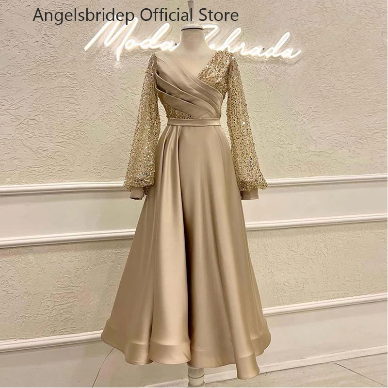 

Angelsbridep V-neck Satin Saudi Arabia Prom Dresses Glitter Sequin Sleeves A-Line Party Gowns Vestidos De Noche Robes De Soirée