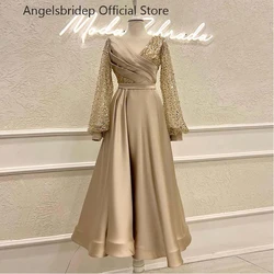 Angelsbridep V-neck Satin Saudi Arabia Prom Dresses Glitter Sequin Sleeves A-Line Party Gowns Vestidos De Noche Robes De Soirée