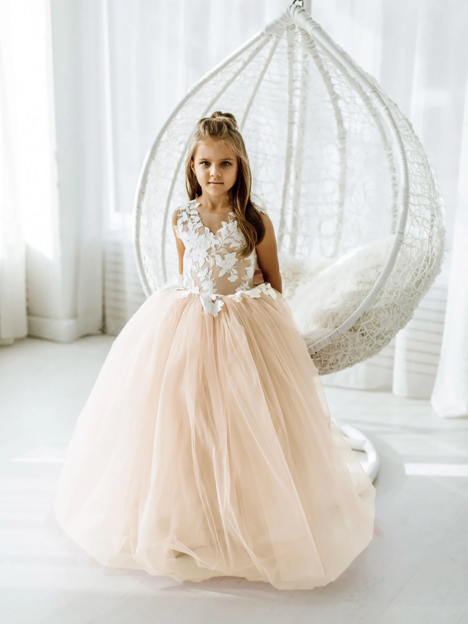 Precioso vestido de baile de encaje Para chico, Vestidos de flores Para niña, pajarita personalizada en la espalda, Vestidos de princesa de tul Para Niñas, vestido de fiesta Para boda