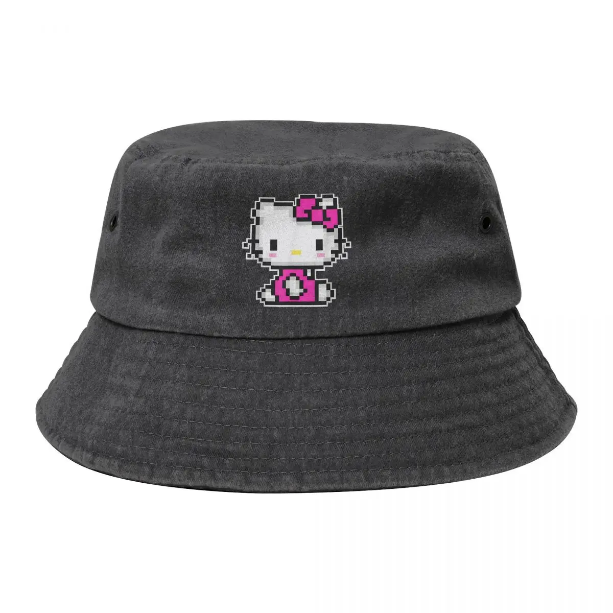 Funny Hello Kitty Official Pixel Cotton Bucket Hat for Women Summer Travel Cute Denim Bob Hat Streetwear for Outdoor Sports