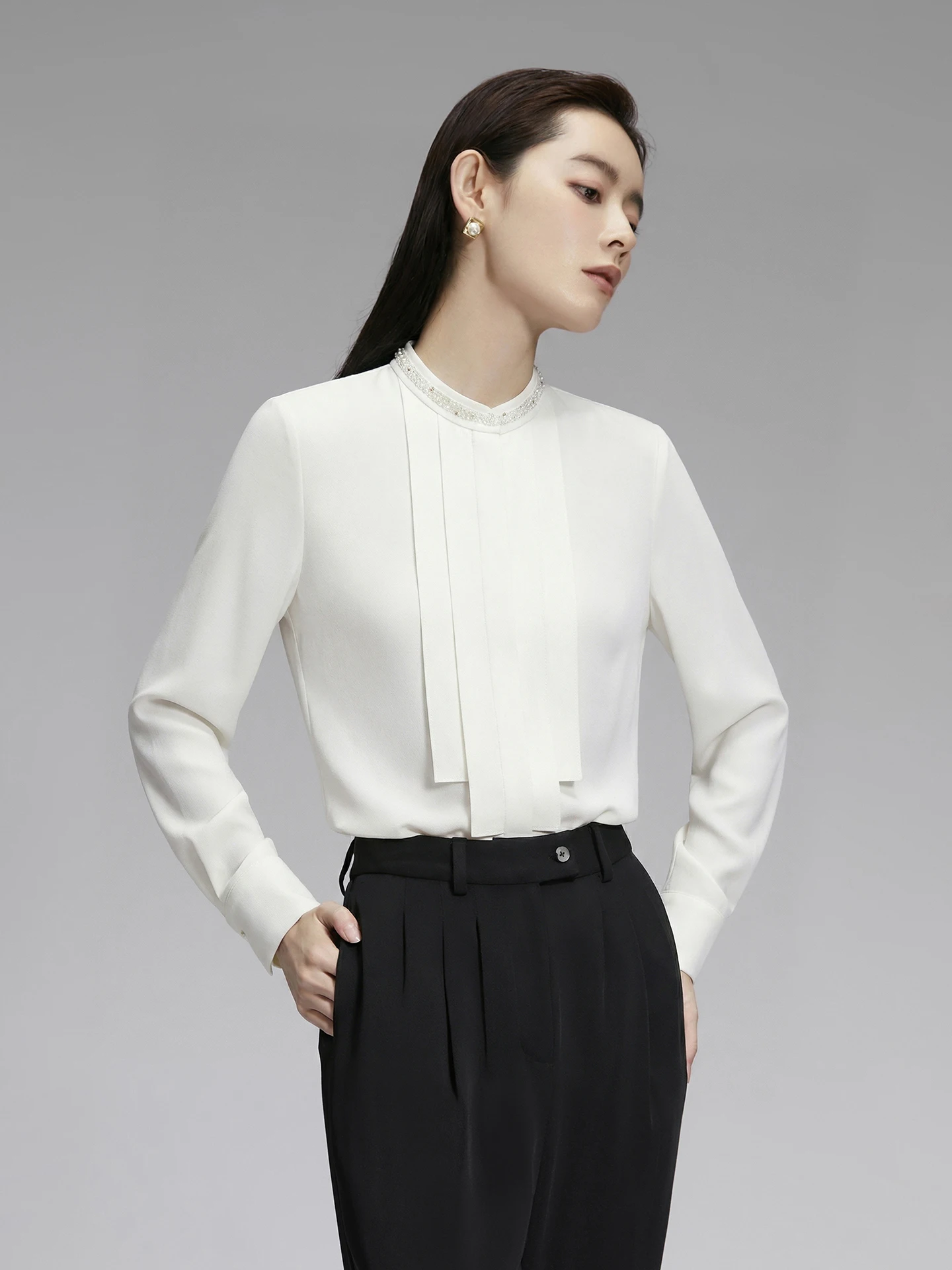 

CVANEA Handmade Beaded Silk irt Women's Straight Cut Long Sve Casual Wear Spring Faion Gentle Sle Regular Fit