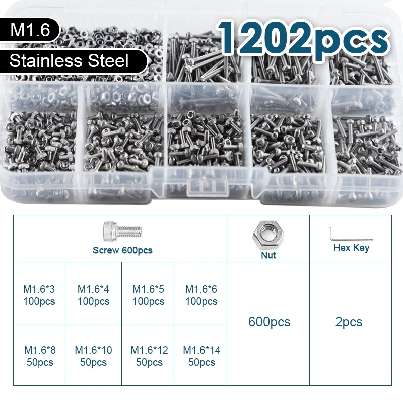 M1,6 M2 M2,5 M3 M4 M5 M6 M8 Innensechskantschrauben-Muttern-Set, Innensechskantschraube und Mutter aus Edelstahl 304 mit Unterlegscheiben-Set