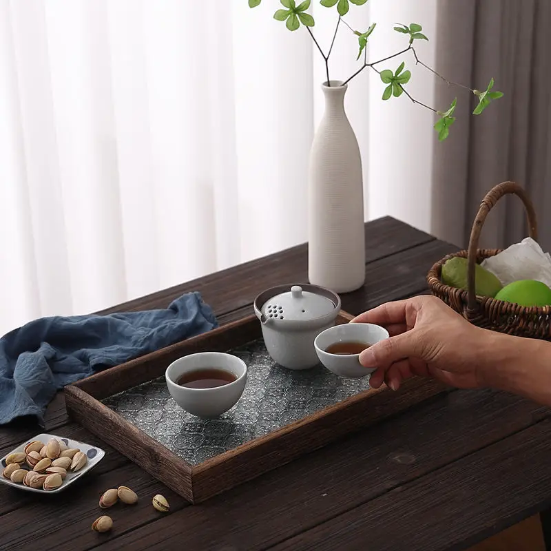 

Embossed glass wooden tray, walnut rectangular storage tea tray, tea cup drinking cup, fruit snack storage tray.