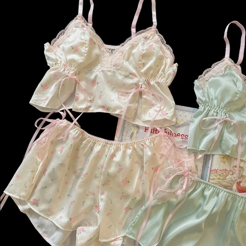 

With Chest Pad Sleep Tops with Shorts Pajamas Set for Wome Sleepwear Underwear Bow Knot Kawaii Clothes Lolita Girl Nightwear