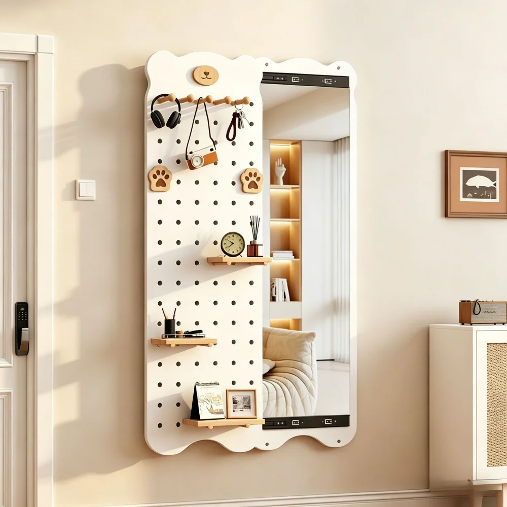 Solid Wood Little Bear Mirror with Pegboard – Explosion-Proof & Silent Slide Full-Length Mirror for Hallway, Bedroom Nursery