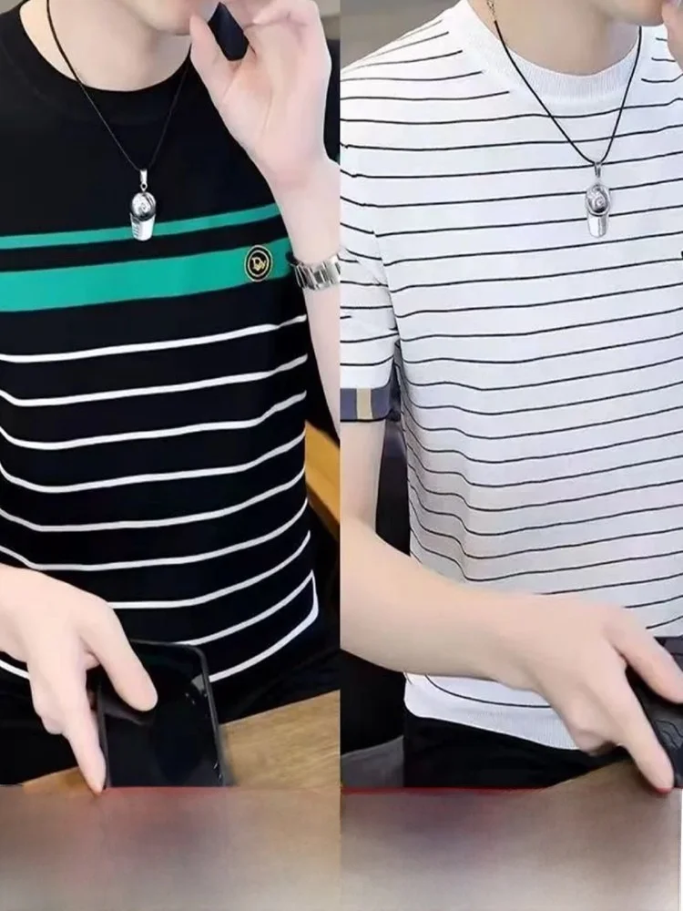 

Ice Silk ort Sve T-irt Men's Summer Stripe Casual Top Brand f Sve Men's Faionable Clothing Youth Active Sle