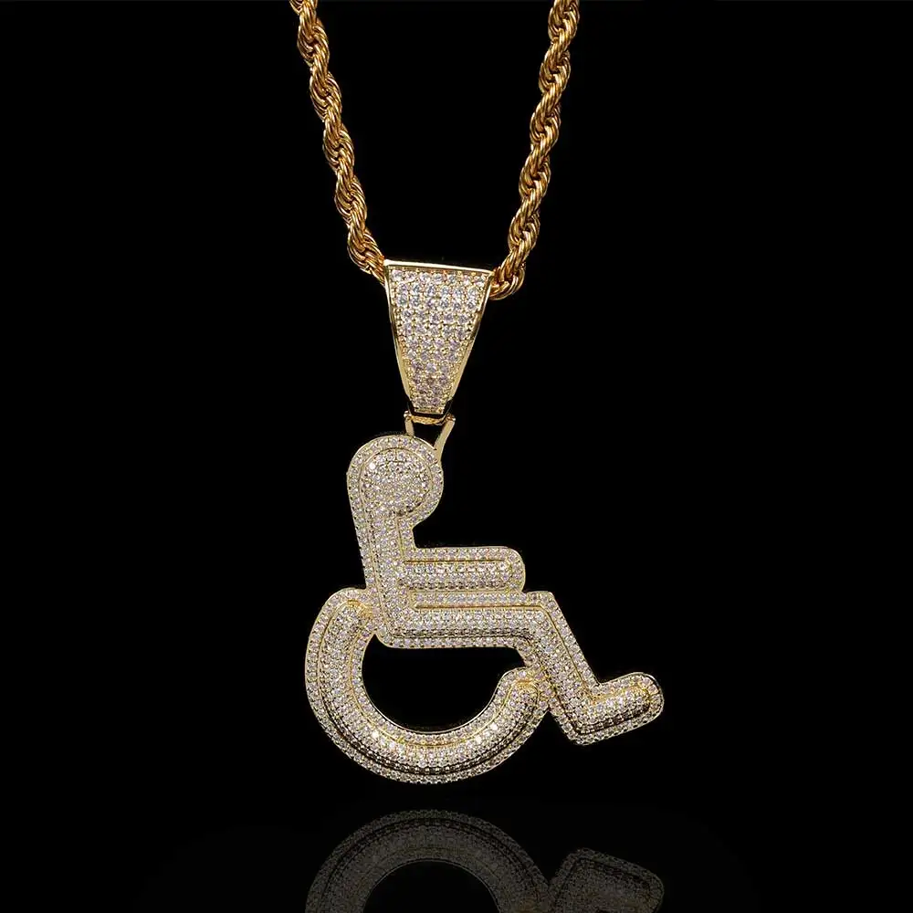 NY Full Iced Out Silla de ruedas Logo Colgante Collar Bling CZ Crystal Hip Hop Rapero Charm para hombres y mujeres