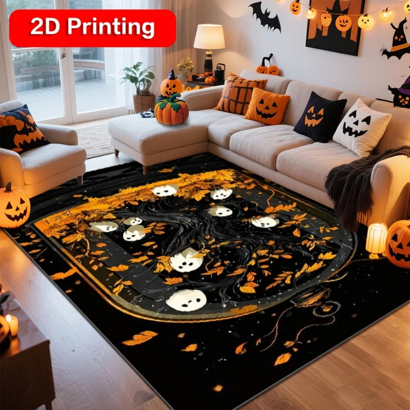 Vintage Halloween Raven Pumpkin Printed Area Rug, Spooky Autumn Floor Carpet, Indoor Home Decor Rug for Living Room