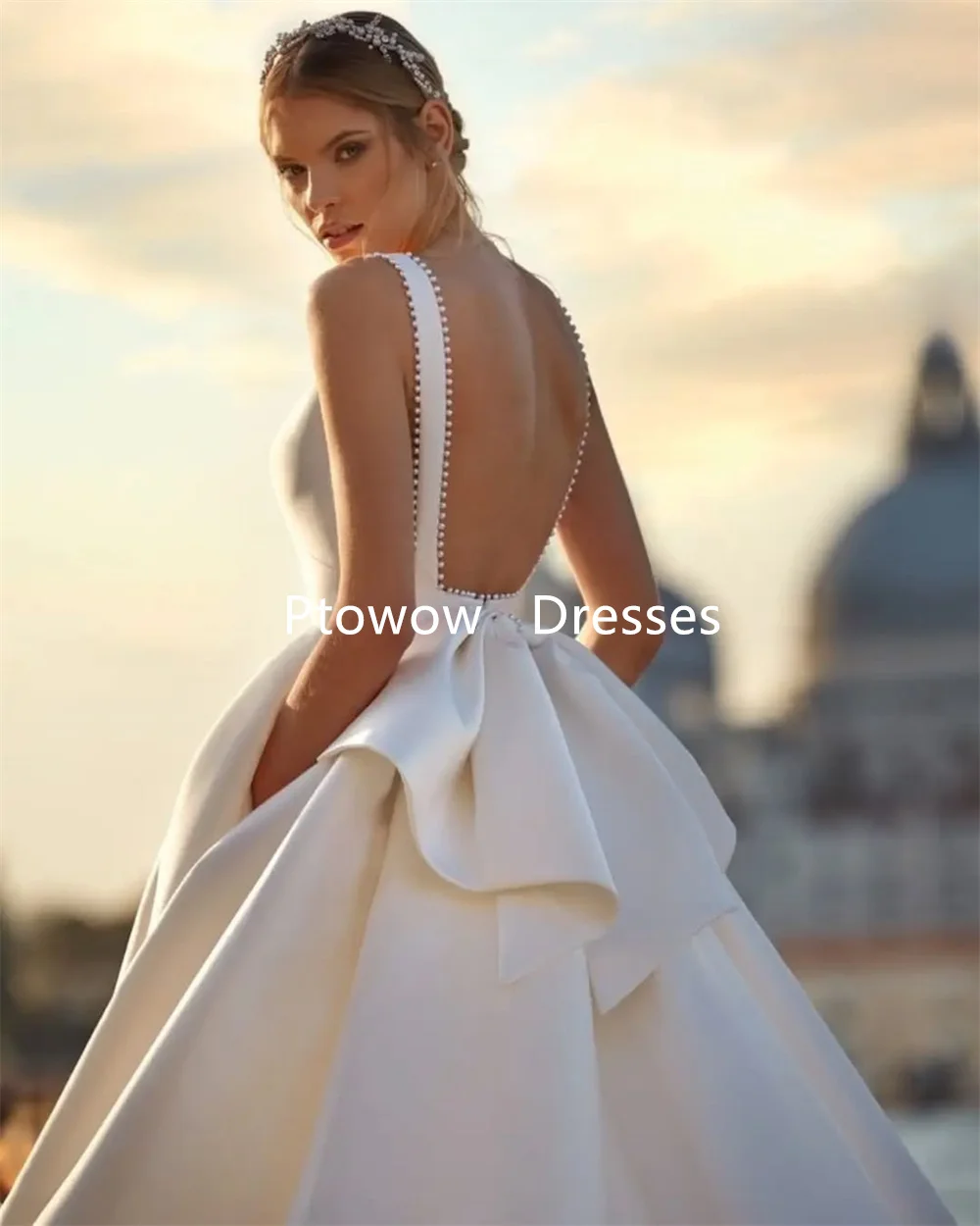 

Prowow Sexy Sleeveless A Lien Wedding Dresses Floor Length Pleats Pearls Bride Gowns Zipper Back Bow Sweep Train Customized