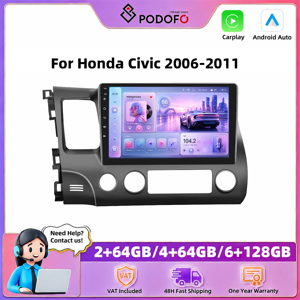 Podofo – autoradio 10 pouces pour Honda Civic 2006-2011, Carplay sans fil, Android Auto, systèmes de voiture intelligents, navigation GPS, lecteur multimédia, MirrorLink, BT, WIFI, unité principale