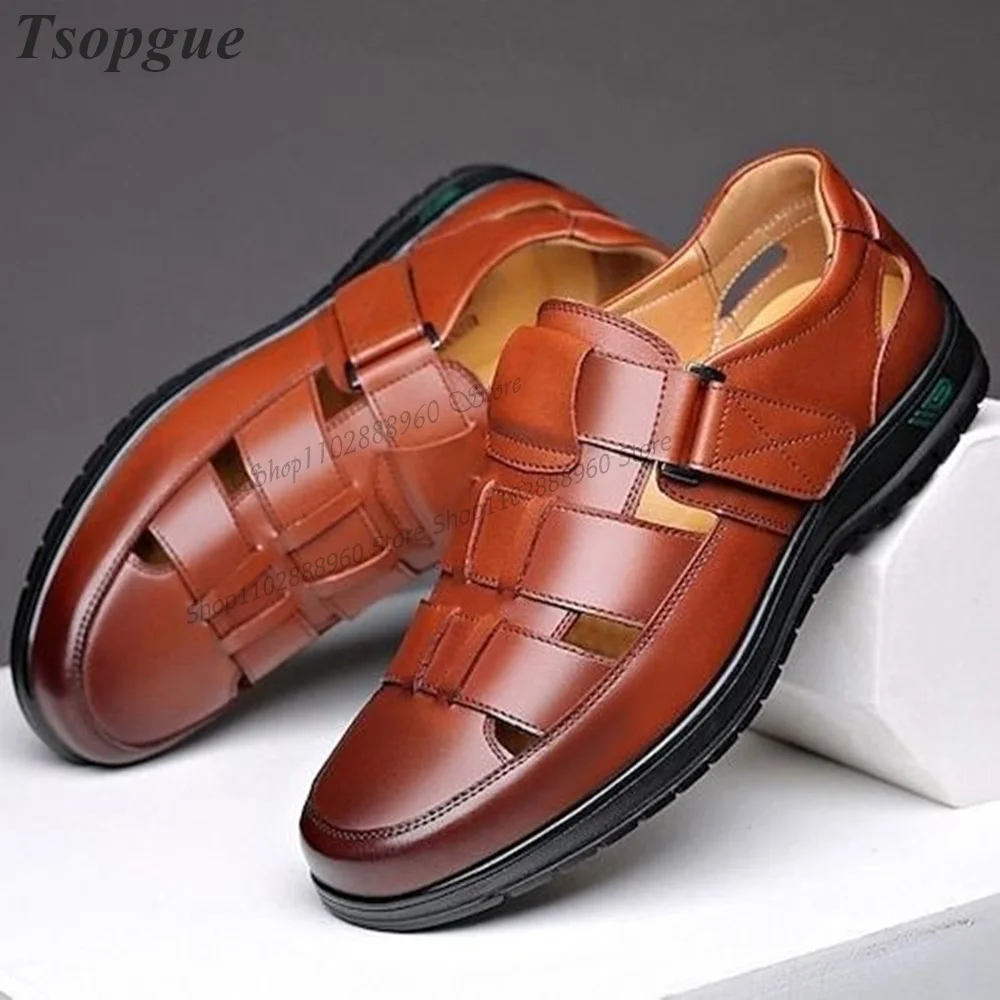 British Style Brown Hollow Matte Leather Hook Men's Sandals Men Shoes Runway Casual Party Shoes 2023 Fashionable Zapatillas Muje