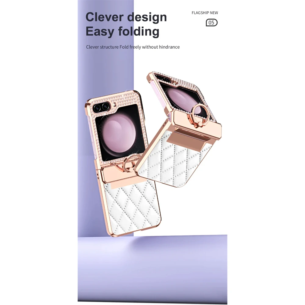 Skórzane etui na telefon z brokatowym diamentowym zawiasem, odporne na wstrząsy etui ochronne z pierścieniem do Samsung Galaxy Z Flip 6 5 4 3 5G — zdjęcie produktu 5