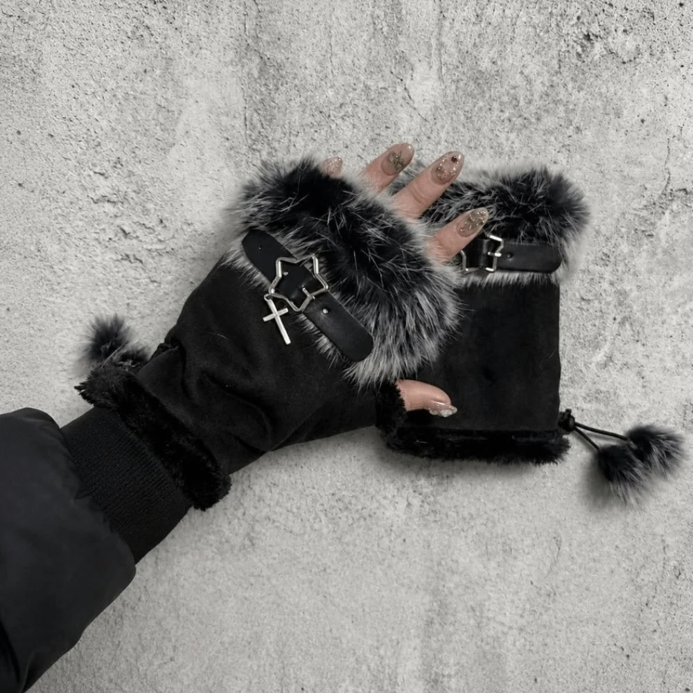 Faux Fur Lining Fingerless Gloves Leopard Print Suede Half Finger Gloves Windproof Winter Warm Y2K Mittens Women Christmas Gift
