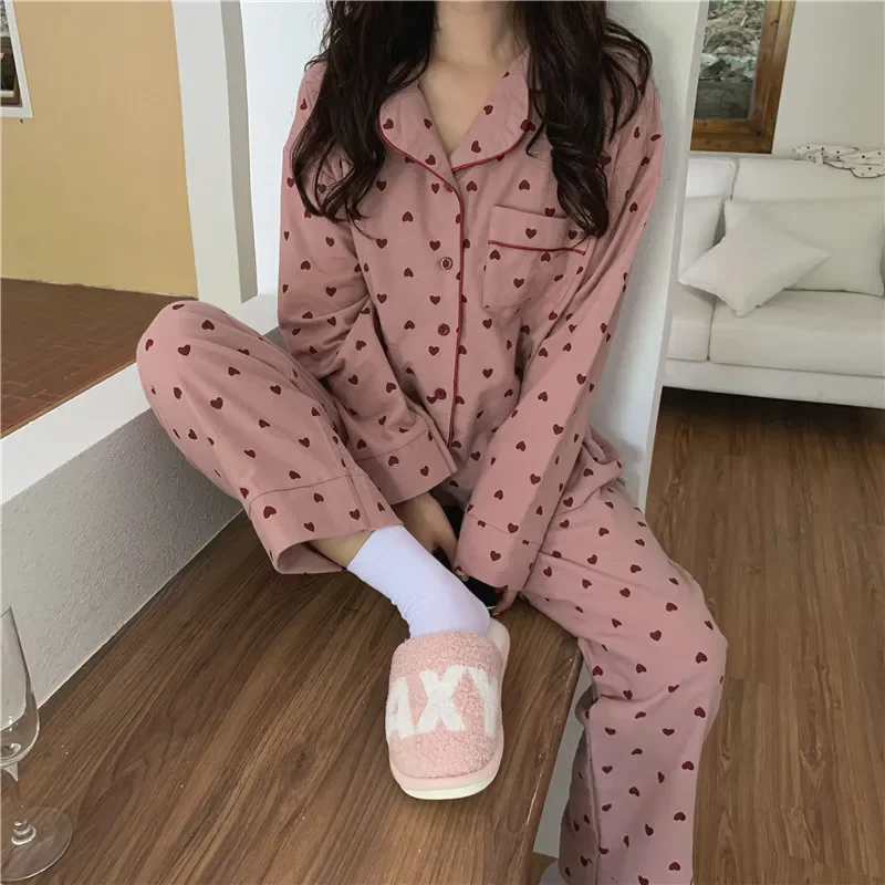 Herz druck Home Anzug lose Baumwolle lässige Nachtwäsche koreanische Pyjamas Set Hose Harajuku Home Kleidung Kawaii Einreiher Top