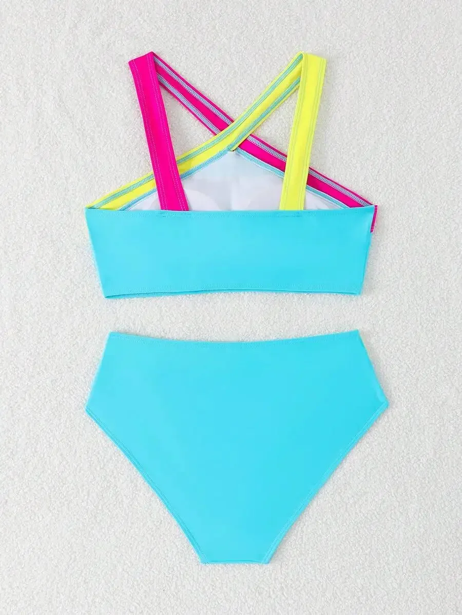 

Colorblock Cross-Back Two-Piece Bikini Swimsuit For Women Summer Beach Pool Vacation Outfit