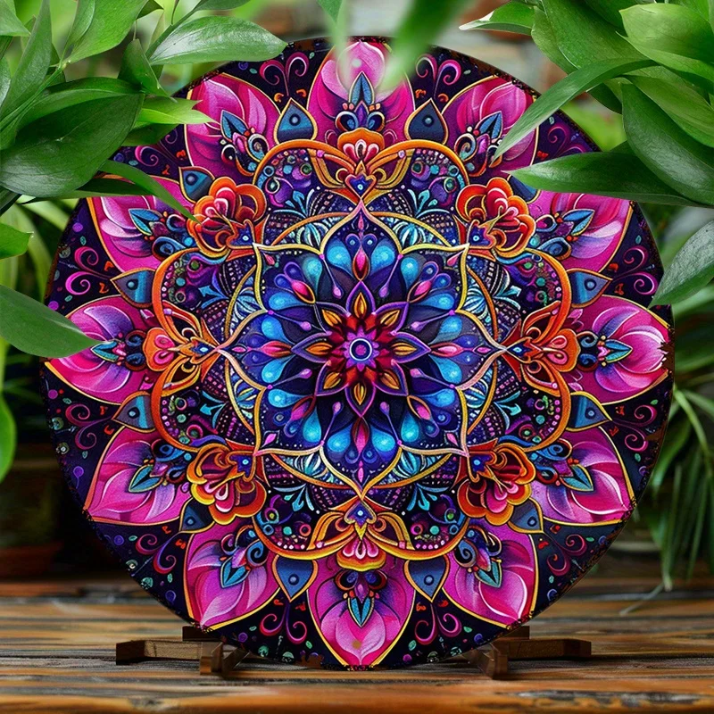 Bunte Mandala-Blume, 20,3 x 20,3 cm, rundes Aluminiumschild – Vintage-Dekor für Küche und Café, einfaches Aufhängen, perfekt für Raumdekoration