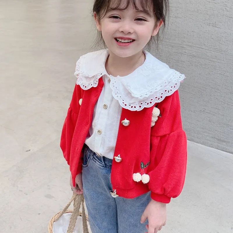 Girls Fashion White Blouses Children New Style Lapel Blouse Flared Sleeves Tops Kids Long-Sleeved Cotton Lace Casual Blouses