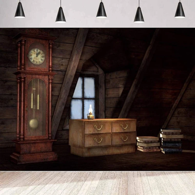 

Old Attic Photography Backdrop European Classic Vintage Clocks Retro Wooden Cabinet Kerosene Lamp Ancient Books Background