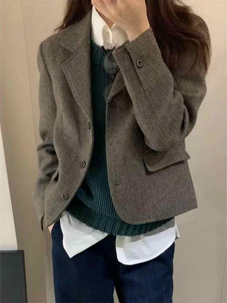 Korean Vintage Cropped Blazers Women Button Long Sleeve Elegant Office Lady Suit Jacket Female Solid Simple Casual Retro Outwear