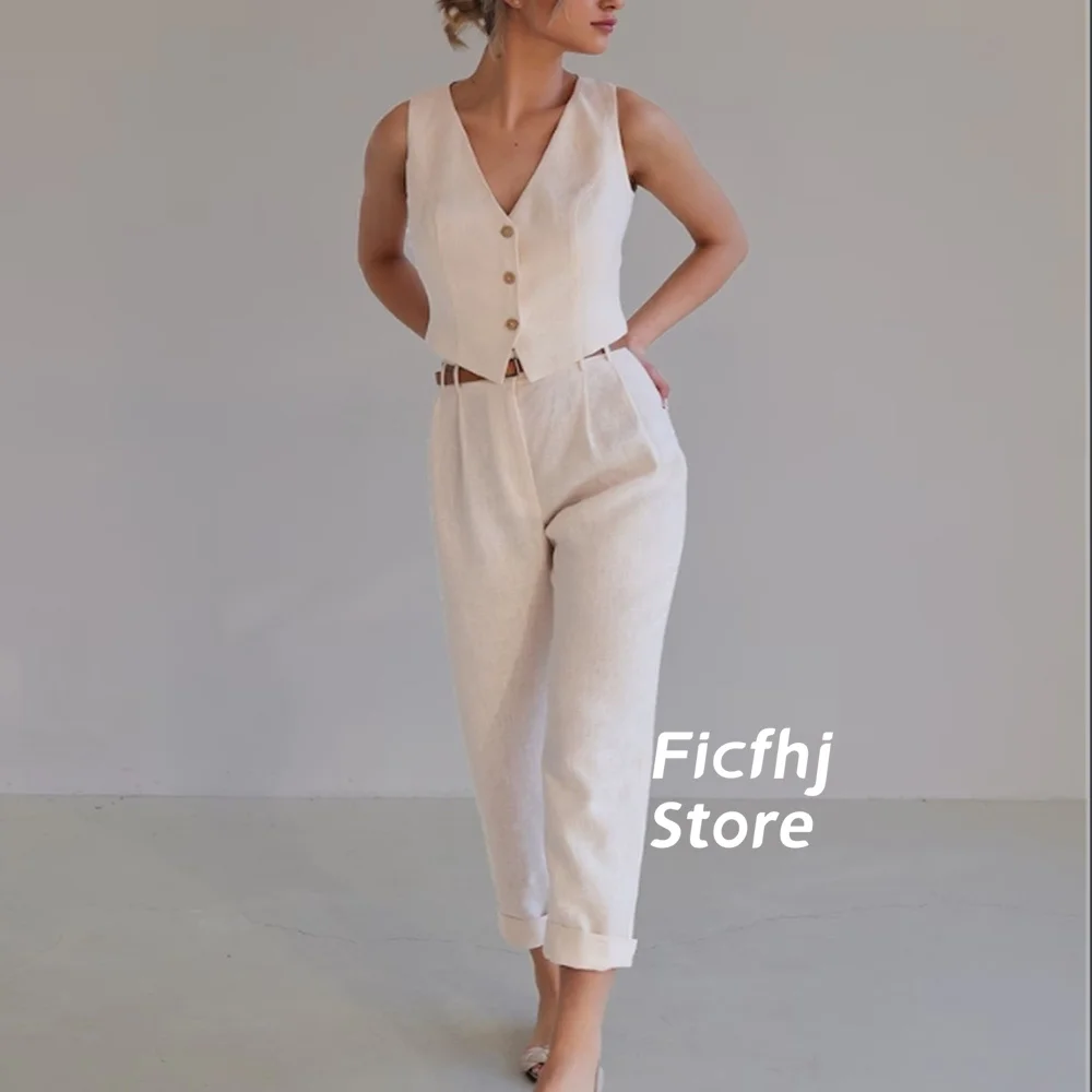 Women's  Vest With Pants  V-neck Sleeveless Slim Fitting White Tops  Female Clothing High Quality 2024 Womens Outfit