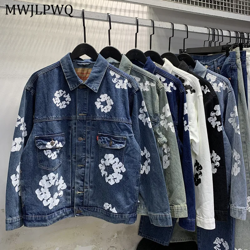 

MWJLPWQ Full Print Design Denim Jacket Male Lapel Single Breasted Unisex High Street Washed Straight Leg Jeans Autumn Set 11266