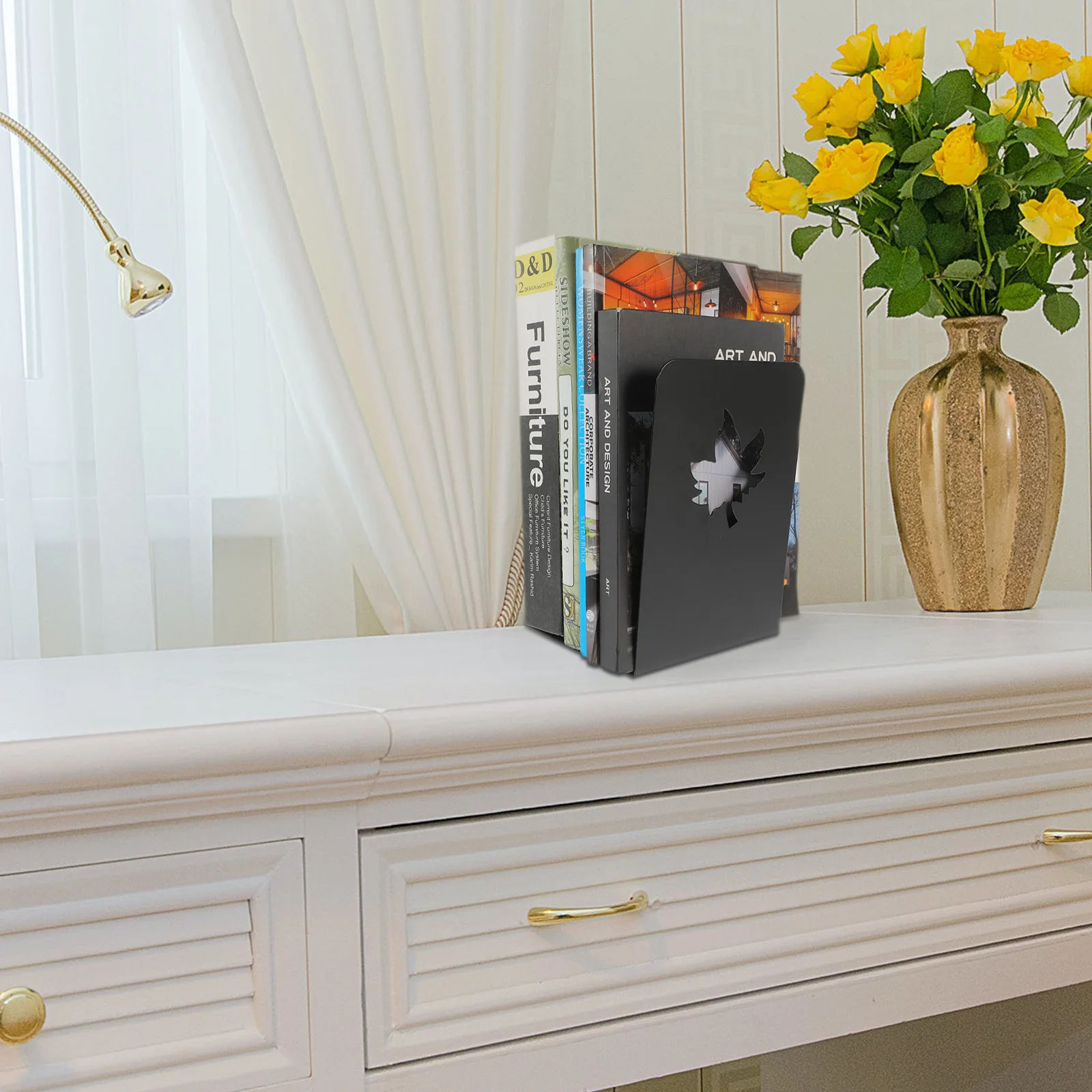 

2pcs Metal Bookends Desktop Holders Crafted Stands Practical Organizer Storage Decorative Leaf Design