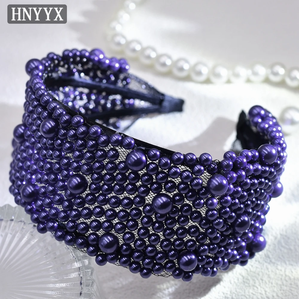 

HNYYX Pearl Flower Hair Tiara Mesh Fully Beaded Filled Headband Hair Accessory Fashion Party Head Piece For Women A153-Purple