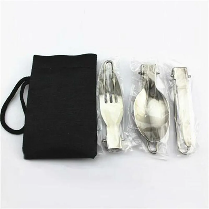 3 PCS 1 Set Portable Outdoor Camping Travel Picnic Foldable Stainless Steel Cutlery Set Spoon Fork Knife Tableware