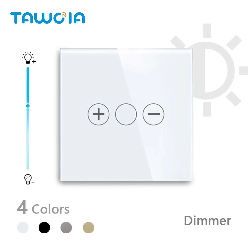 TAWOIA EU Standard Touch Wall Light Switch LED Dimmer 1Gang 1Way With White Black Glod Grey Crystal Glass Panel Dimmer Switch