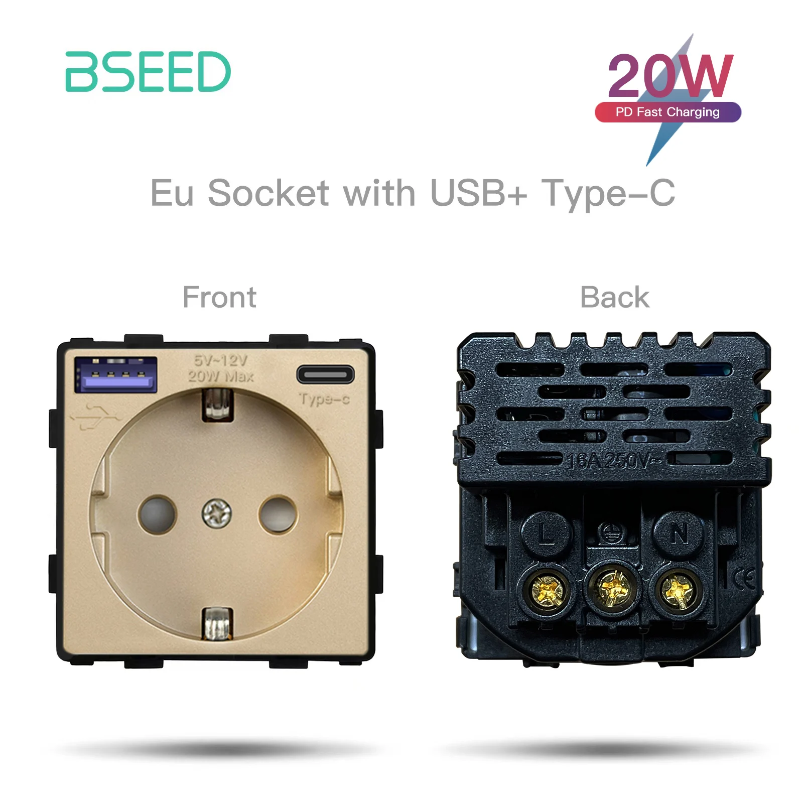 BSEED EU-Standard-Wandlichtschaltermodul, Steckdosen, Knopfschalter, DIY-Funktionsteil, Glasscheibe, kostenlose Zusammenstellung, Gold