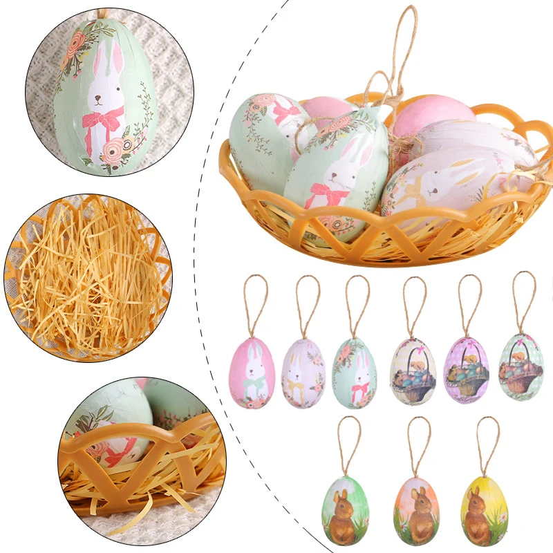 Easter Colorful Eggs with  Weaving Basket Easter Decorations 2025 Cartoon Bunny Eggs Painted Hanging Pendants Ornament Kids Gift