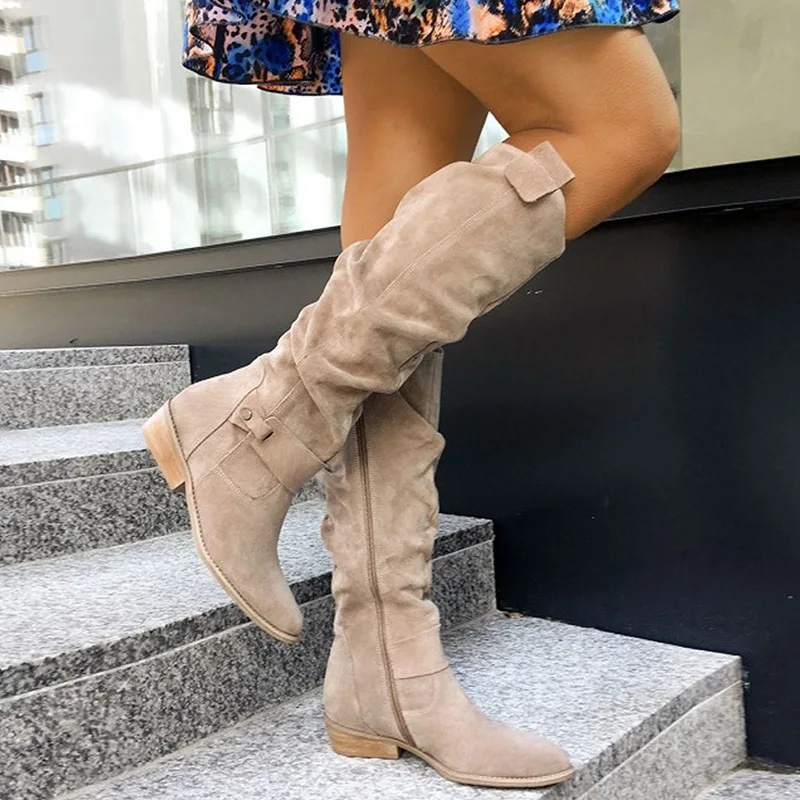 New Fashion Low Heel Side Zip Size 43 Suede Thigh High Women\'s Boots Retro Woman Booties Autumn Winter Knee High Boots