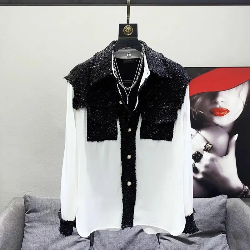 Autumn New Knitted Splicing Shirt For Men Korean Casual Fashion Loose Handsome Male Patchwork Pearl Button Long Sleeve Shirts